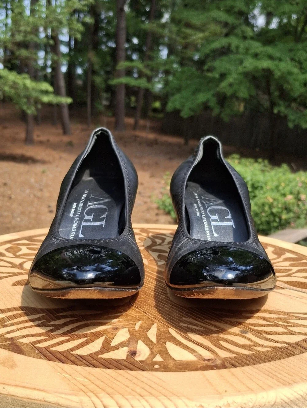 AGL Attilio Giusti Leombruni Classic Black Leather Cap Toe Block Heel Pumps 7.5
